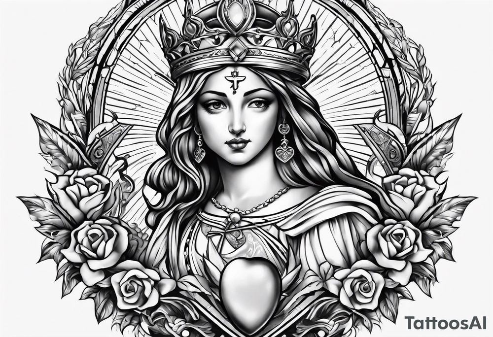 Sacred heart of marry with swords and Cancer ribbon chest tattoo tattoo idea