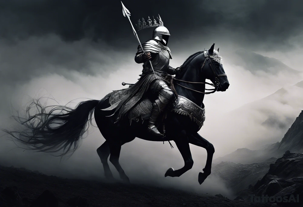 Dark art of the first horseman of the apocalypse. Wearing iron armor with a crown-shaped helmet, carrying a bow and arrows in one hand, he rides a white horse that is strong and slender, wearing shiny ornaments on his face. The horseman's face cannot be seen, as it is obscured by the darkness and fog in the image. tattoo idea