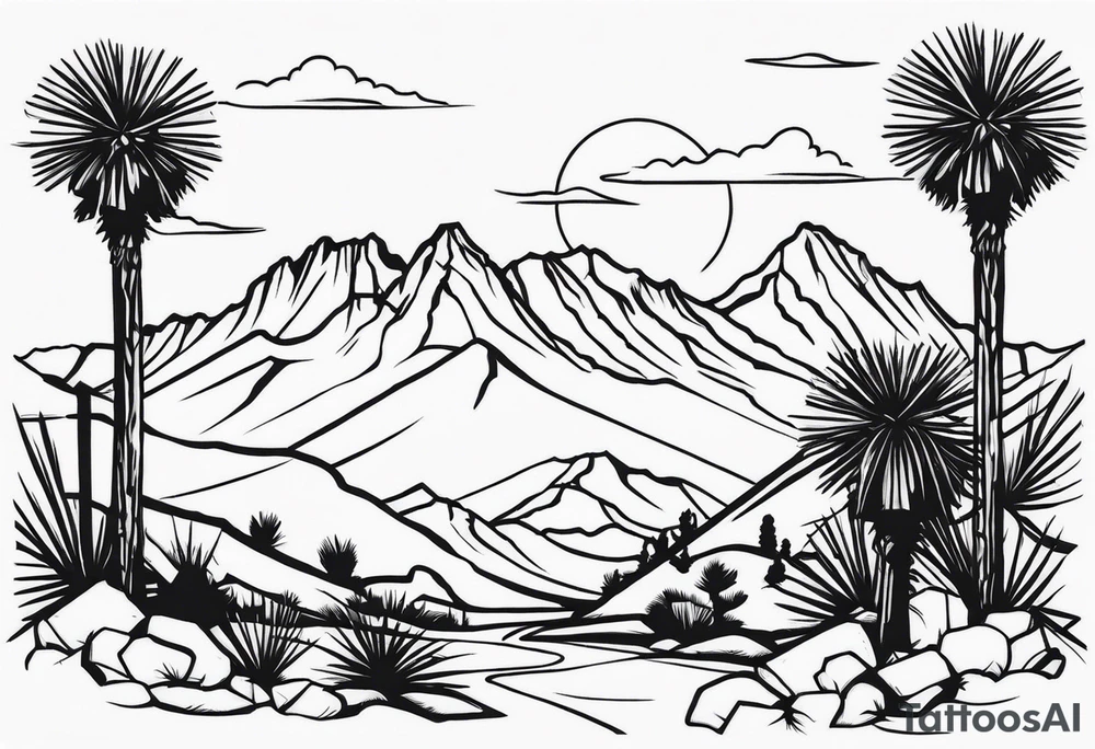 A dessert with joshua trees transitioning to pine trees and mountains tattoo idea