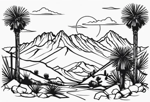 A dessert with joshua trees transitioning to pine trees and mountains tattoo idea