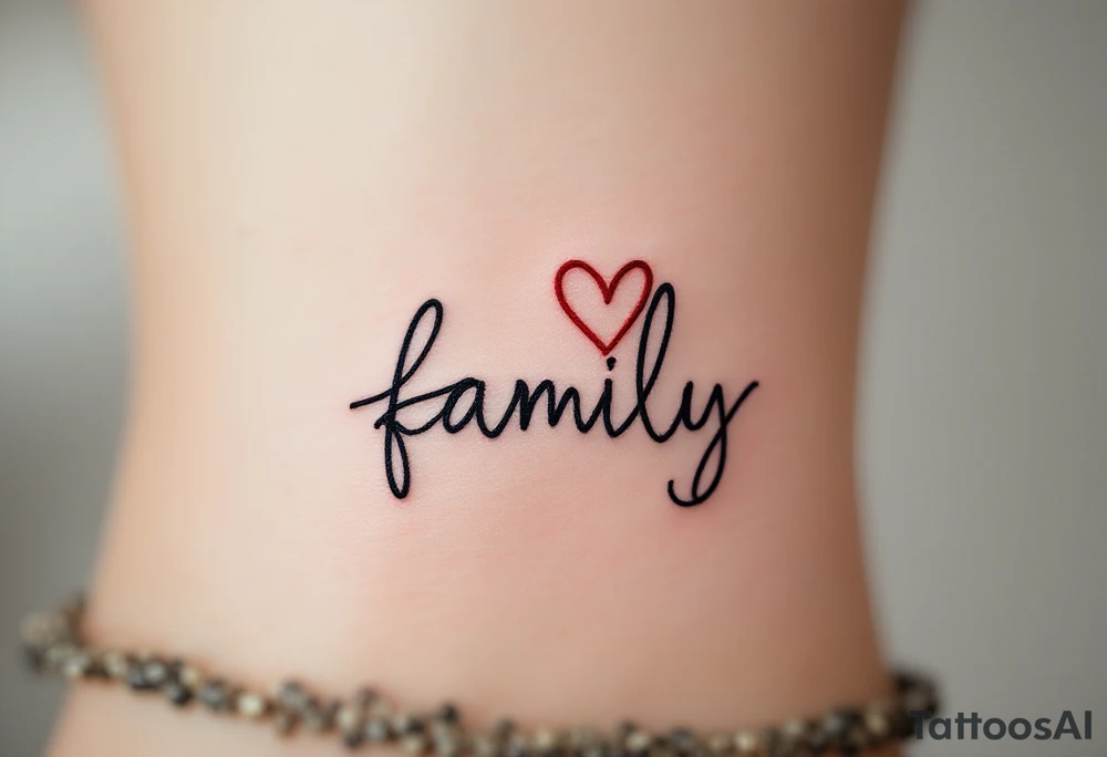 A heartbeat line forming the word family in black, with a small red heart at the center. tattoo idea