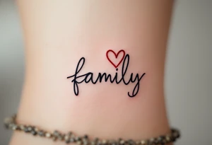 A heartbeat line forming the word family in black, with a small red heart at the center. tattoo idea
