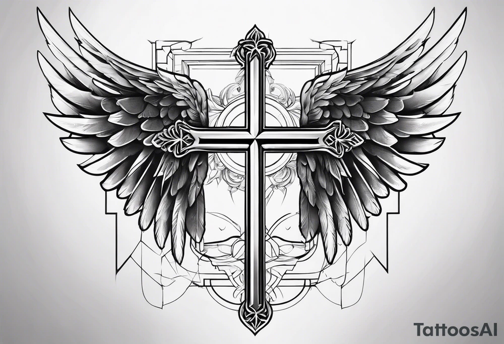 angel wings tattoo with a cross and the letters DJ in it tattoo idea