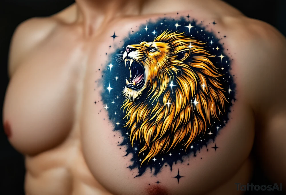 A golden Leo lion roaring beneath a constellation of stars inked in shimmering white and navy blue on a galaxy-tinted sky. tattoo idea