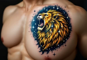 A golden Leo lion roaring beneath a constellation of stars inked in shimmering white and navy blue on a galaxy-tinted sky. tattoo idea