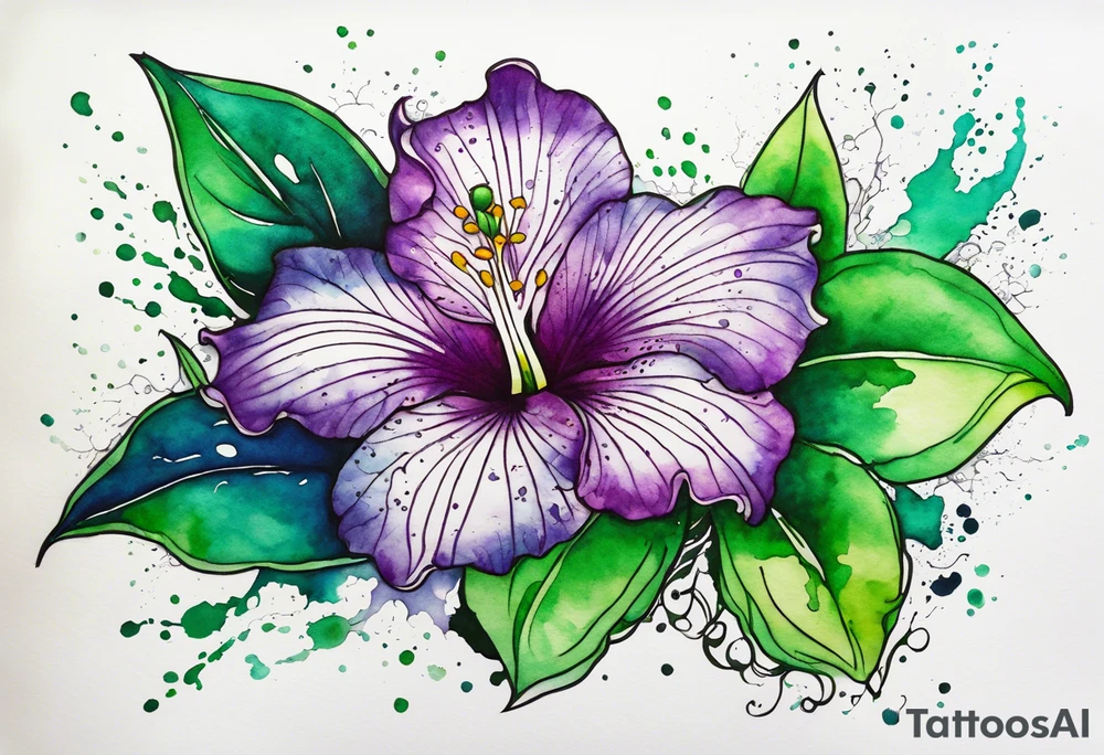 An outline of an only green rio dipladenia flower and a green and purple watercolor splash in the background tattoo idea