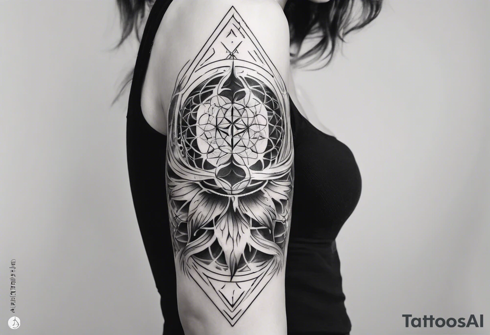 Sleeve tattoo on a woman's arm. Phoenix top center flower of life bottom metatron cube tattoo idea