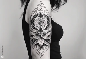 Sleeve tattoo on a woman's arm. Phoenix top center flower of life bottom metatron cube tattoo idea