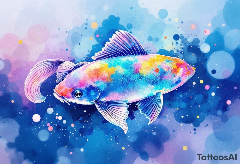 Iridescent Koi in Abstract Water – A rainbow-toned koi with shimmering scales, set in an abstract watercolor splash of blues and purples. tattoo idea