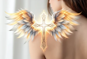 A majestic Celtic cross with angel wings unfolding behind it, glowing with golden light and white feathers. tattoo idea