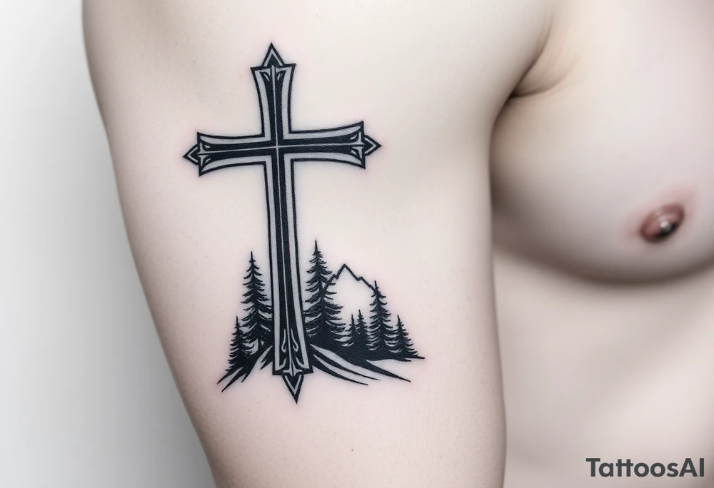 russian orthodox cross with the diagonal line at the bottom with a light forrest with a light mountainous setting tattoo idea