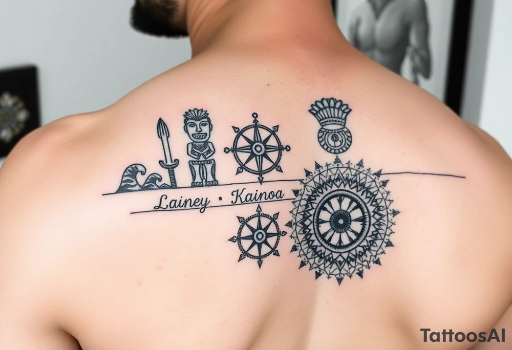 lower armband design with Polynesian symbols of waves, spearheads and tiki, scandanvian compass, igbo patterns symbolizing resilience, Native American circle representing wholeness. The names Lainey, Kainoa and Maya tattoo idea