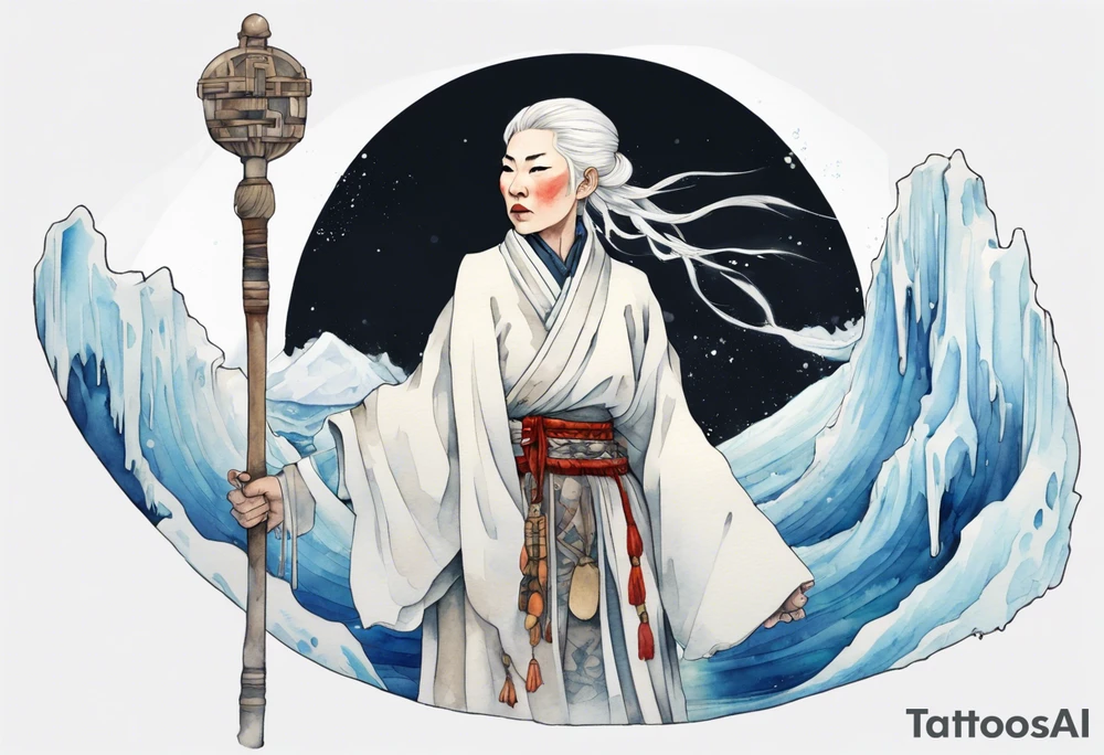 a 40 year old Sami woman with white hair and a white robe holding a white staff, standing on an iceberg tattoo idea