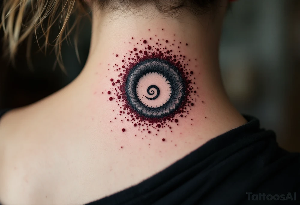 A smoke-gray spiral dissolving into specks of maroon, portraying release and change. tattoo idea