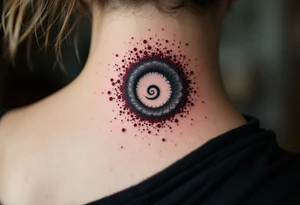 A smoke-gray spiral dissolving into specks of maroon, portraying release and change. tattoo idea
