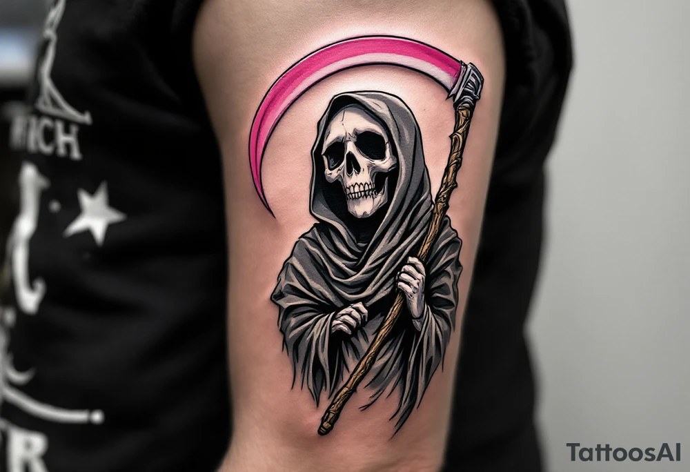 A comic-style Reaper in grayscale with a bubblegum-pink scythe for surreal contrast. tattoo idea