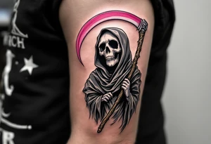 A comic-style Reaper in grayscale with a bubblegum-pink scythe for surreal contrast. tattoo idea