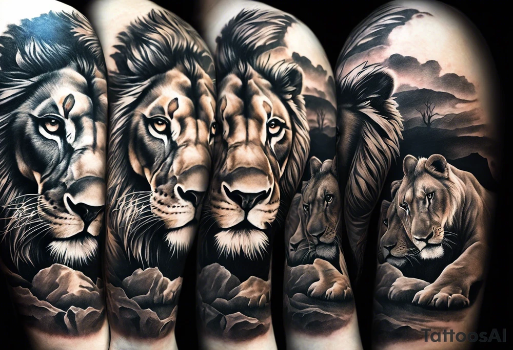 Full sleeve tattoo depicting a large lion with one blind eye with a scar going through the eye, protecting his lioness while they both also protect 6 lion cubs. Background should depict a safari scene tattoo idea