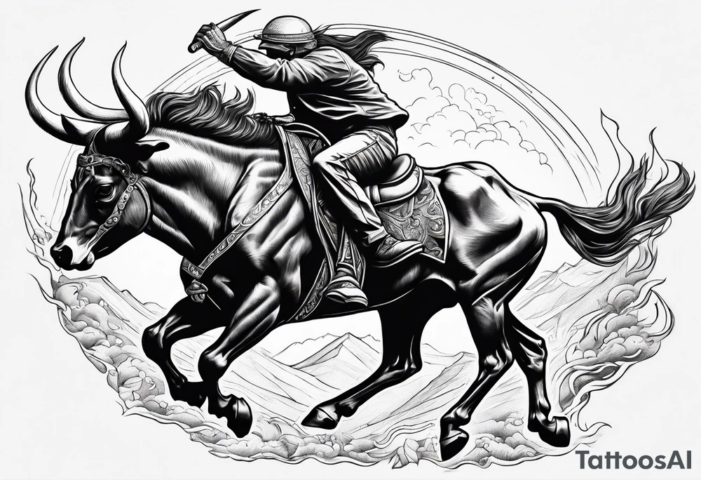 Skeleton riding bull tattoo idea