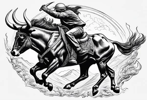Skeleton riding bull tattoo idea