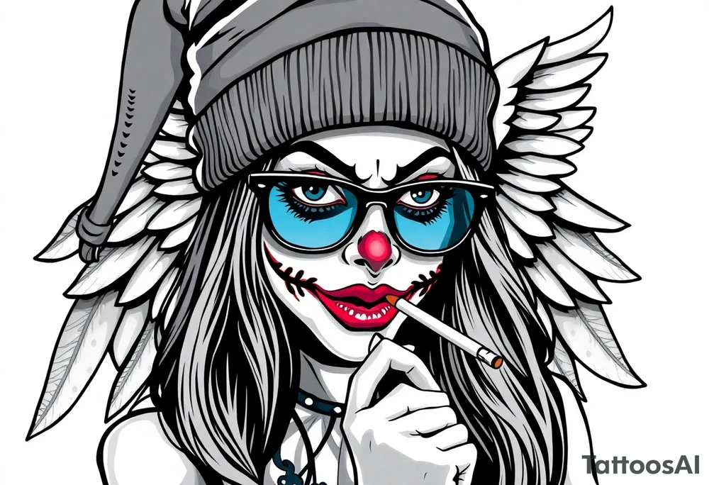 beautiful long hair Clown Girl thug beanie eyeglasses angel wings smoking cigarette tattoo idea
