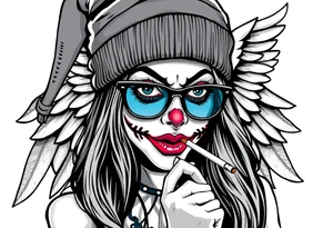 beautiful long hair Clown Girl thug beanie eyeglasses angel wings smoking cigarette tattoo idea
