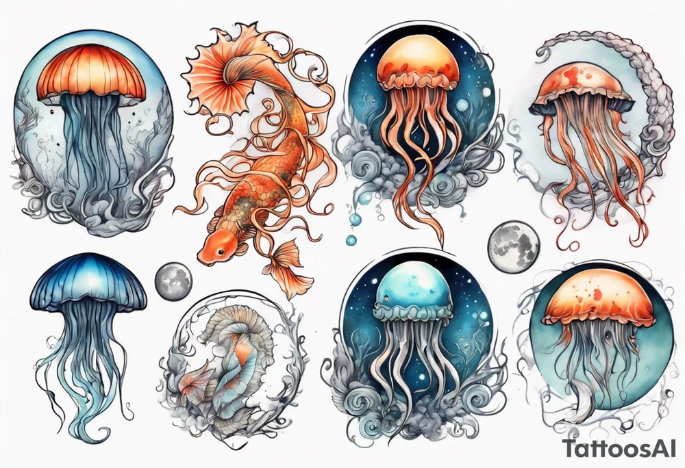 1 jellyfish with the moon in the lid. Then with koi carp swimming amongst the tentacles tattoo idea