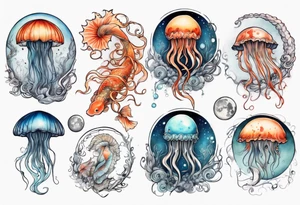1 jellyfish with the moon in the lid. Then with koi carp swimming amongst the tentacles tattoo idea
