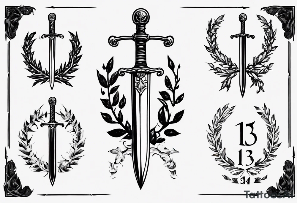 A sword through the number 13 centered in a laurel leaf wreath tattoo idea A sword through the number 13 centered in a laurel leaf wreath tattoo idea