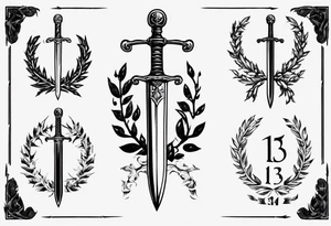 A sword through the number 13 centered in a laurel leaf wreath tattoo idea