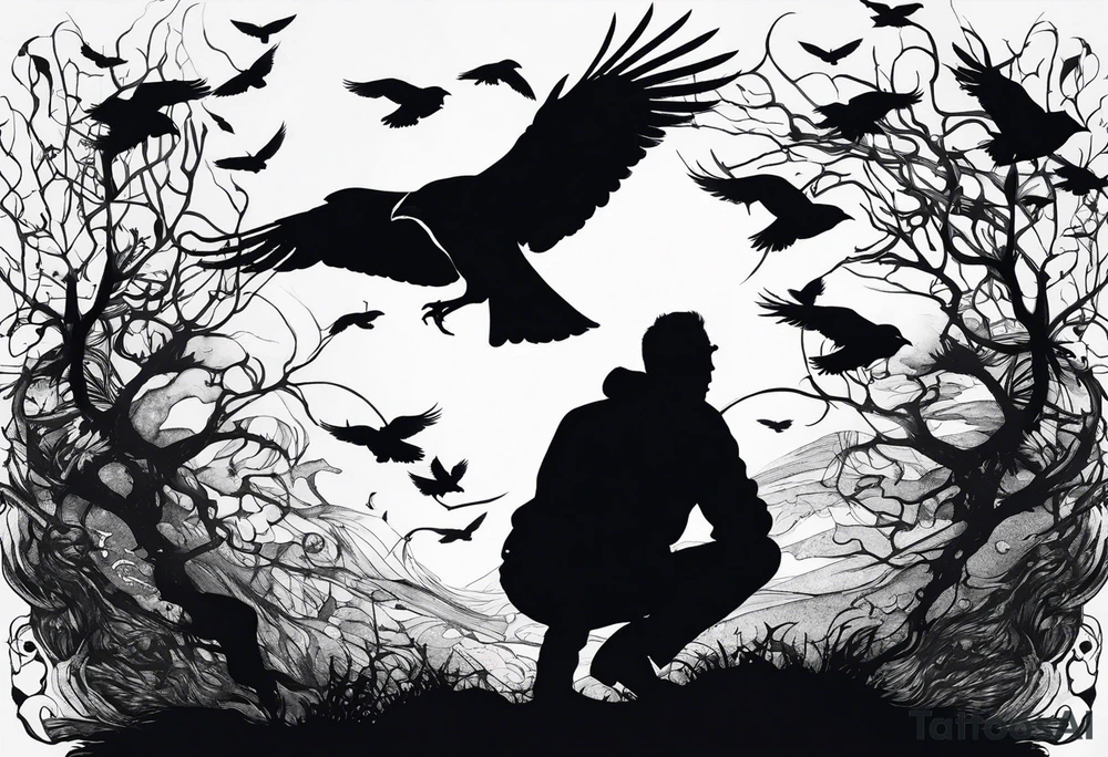 Silhouette of a man on his hands and knees bent over with crows coming out his back flying away. tattoo idea