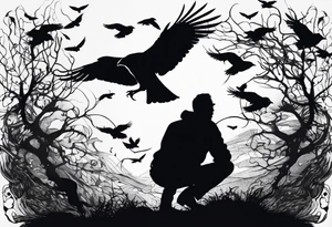 Silhouette of a man on his hands and knees bent over with crows coming out his back flying away. tattoo idea