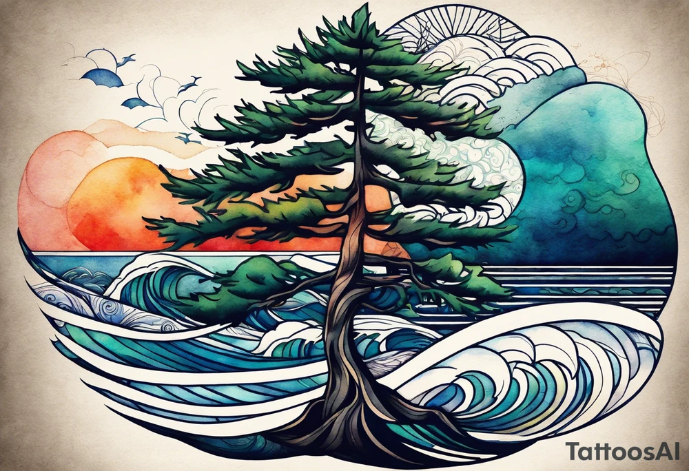 Spruce tree. Ocean waves incorporated.  The words “salt air” integrated into the design.  Geometric and abstract watercolor. tattoo idea