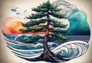 Spruce tree. Ocean waves incorporated.  The words “salt air” integrated into the design.  Geometric and abstract watercolor. tattoo idea