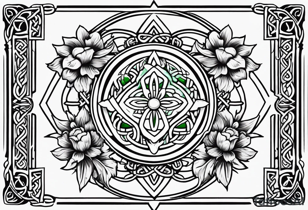 Irish Celtic wedding ring with an Emrald green gem in the middle of the heart with a bundle of carnations, leaves, and narcissus coming out of the hands. Simple tattoo idea