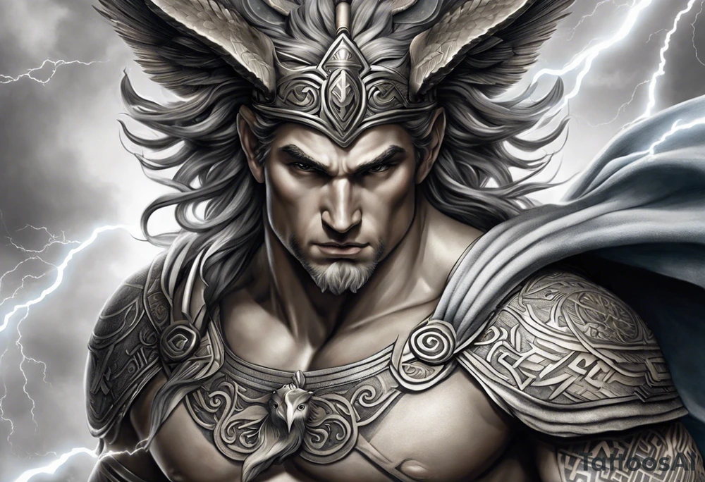 Realistic Closeup Tattoo: A lifelike portrayal of a Greek mythological figure, depicted with classic or heroic attributes and detailed in a majestic, powerful stance. The character is surrounded by subtle elements related to their symbolism (like lightning, an owl, or a trident), creating a connection to their mythological story. The figure is detailed and lifelike, embodying qualities such as strength, wisdom, or courage. Style: Realism tattoo idea