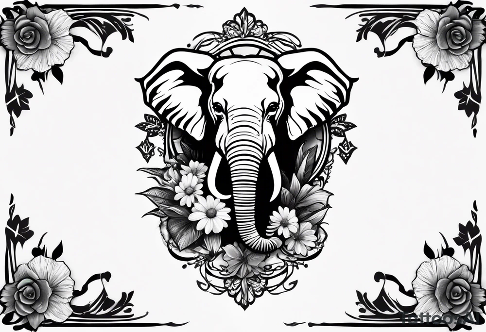 Forearm sleeve that includes a tribal elephant surrounded by voilet flowers, next to a deer skull wrapped with a survival ribbon and surrounded by morning glory flowers, and a cow skull painted with little daisy’s, surrounded by larger daisy flowers and cactus. tattoo idea