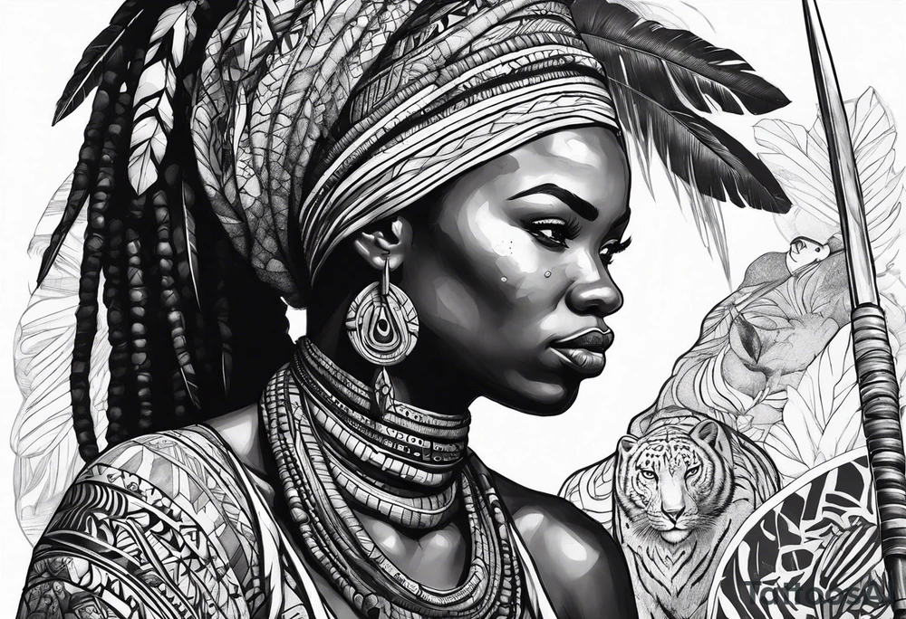 African woman warrior with tribe scars and spear in hand with animals in background tattoo idea
