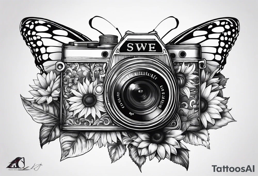 Butterfly, sunflower, camera, book tattoo idea