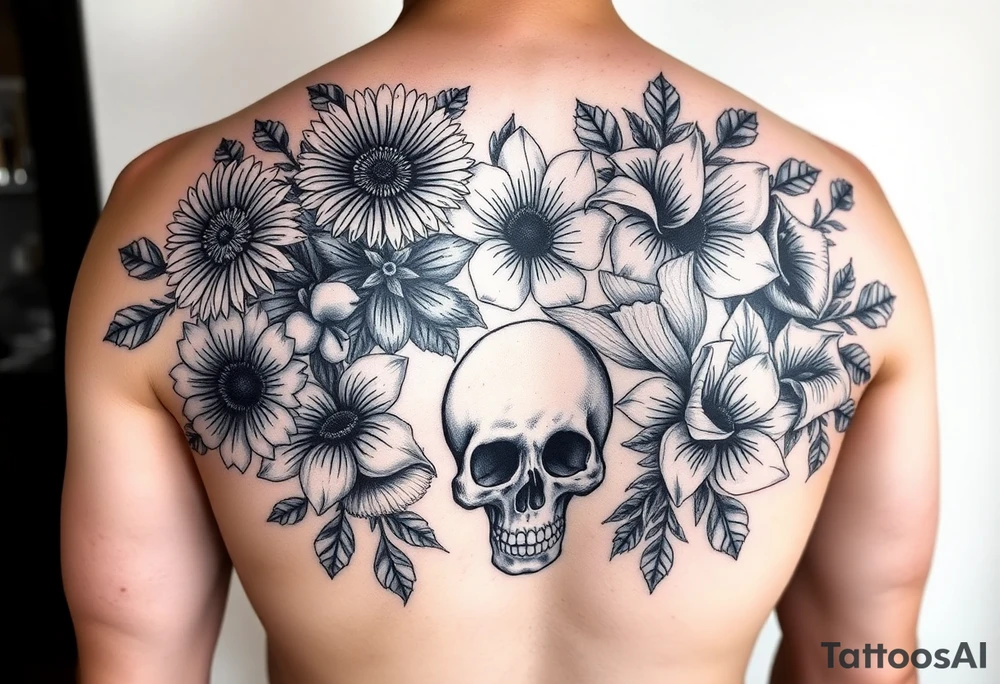 Half sleeve of Dark gothic florals with daisies, poppies,  white narcissus, sweet peas and gladiolus with a skull tattoo idea