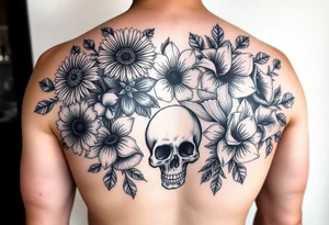 Half sleeve of Dark gothic florals with daisies, poppies,  white narcissus, sweet peas and gladiolus with a skull tattoo idea