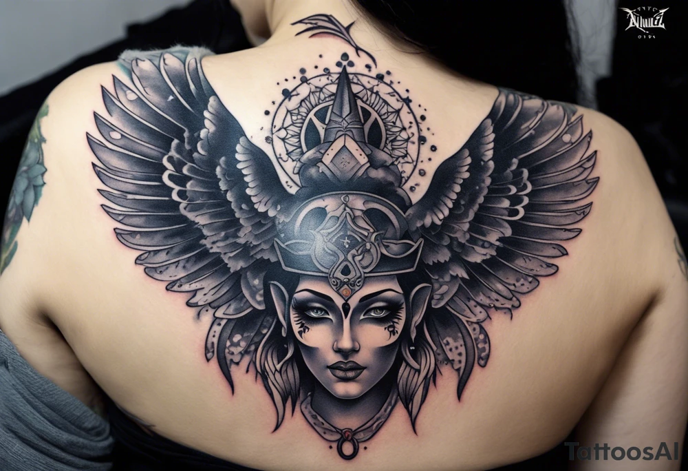 black kali, goddess pirate, alien, angel, pachamama, valkrye, warrior, flying, skull, lotus azul, wing, eagle, zenza resonance, stars, 5D, anahata chakra, death, durga, riding on a tiger, flying lady, kundalini, chest tatoo, rebel tattoo idea