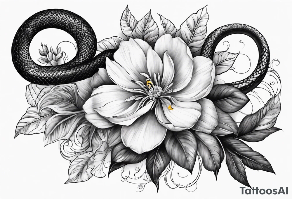 High contrast black and grey forearm snake and flower sleeve stencil tattoo idea