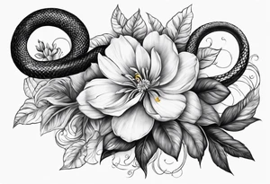 High contrast black and grey forearm snake and flower sleeve stencil tattoo idea