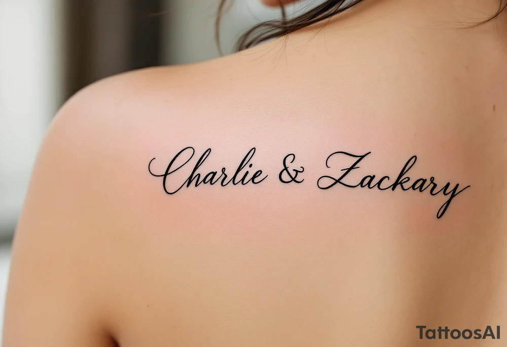 Create a delicate tattoo design that seamlessly integrates the names "Charlie" and "Zackary" in graceful, flowing cursive. Enclose the names within a softly stylized symbol that embodies strength and unity tattoo idea