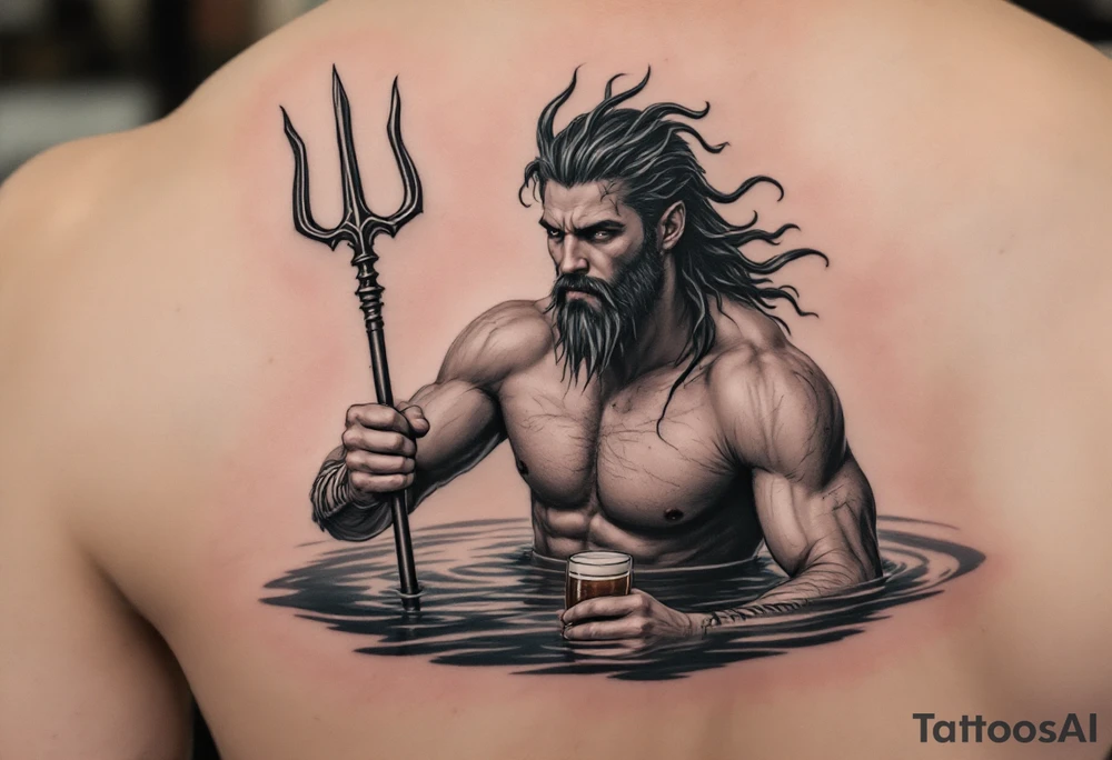 young, fit poseidon in calm water, holding a trident, drinking a beer tattoo idea