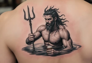 young, fit poseidon in calm water, holding a trident, drinking a beer tattoo idea
