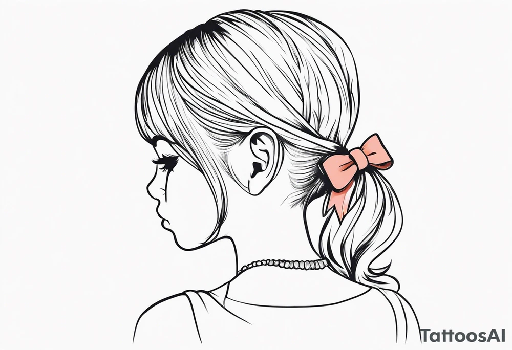 5 year old girl tattoo, facing away, hair partially up with a bow tattoo idea