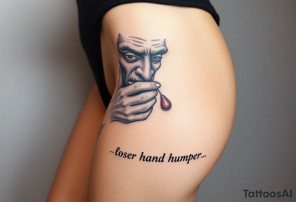 pathetic ugly man full body with small penis masturbating with caption “loser hand humper” tattoo idea