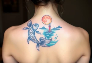 Coi fish , ying yang, light house, landscape, water , sun, moon tattoo idea